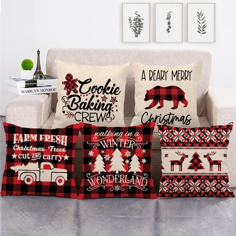 Federa Per Cuscino Di Natale Lino Quadri Buffalo Rosso Nero Renna Fiocco Di Neve Decorazione Casa Quadrata