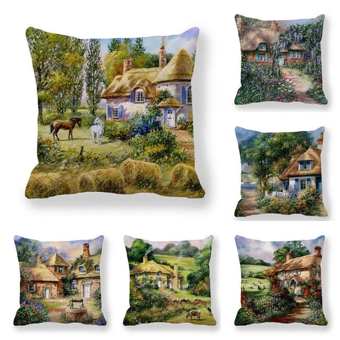 Pastorale Landschap Olieverf Decoratieve Vierkante Kussenhoes Perzikhuid Stof Sierkussenhoes Thuis Decoratie