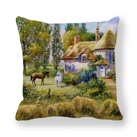 Pastorale Landschap Olieverf Decoratieve Vierkante Kussenhoes Perzikhuid Stof Sierkussenhoes Thuis Decoratie