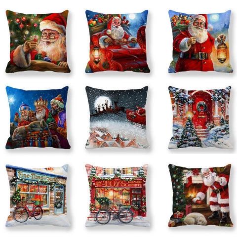 Weihnachten Weihnachtsmann Rentier Pfirsichhaut Polyester Kissenbezug Ölgemälde Stil Dekorative Kissenhülle Für Sofa