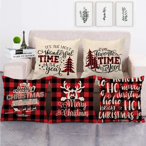 Funda De Cojín De Navidad Lino Cuadros Búfalo Reno Árbol Decorativa Para El Hogar Vacaciones