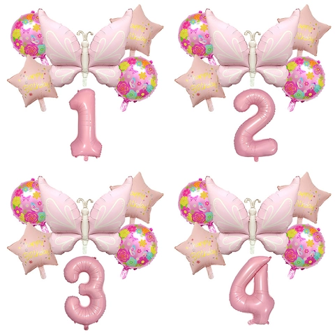 Schmetterling Stern Blume Nummer Geburtstag Party Luftballons Aluminiumfolie Rosa Matt Deko Für Mädchen