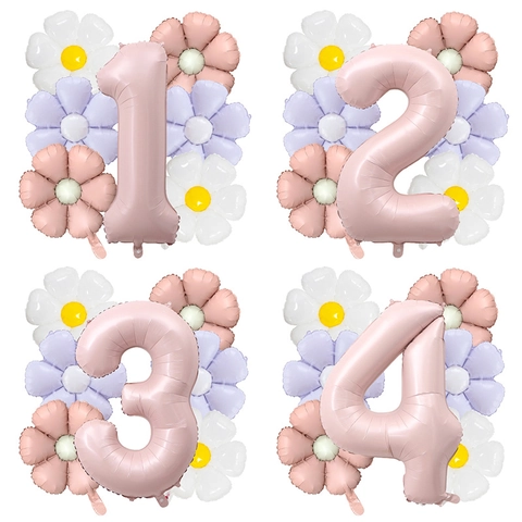 Matte Pink Aluminum Foil Number And Daisy Balloons For Kids Birthday Party Decoration Macaron Flower Balloons Photography Decor