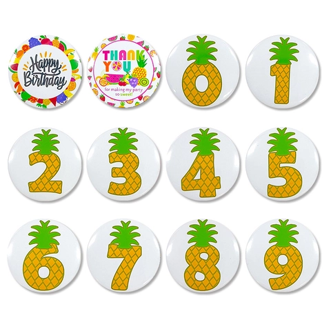 Pineapple Number Button Badge Pin Hawaii Fruit Theme Round Tinplate Pin For Kids Birthday Party Favors Decorations Accessories