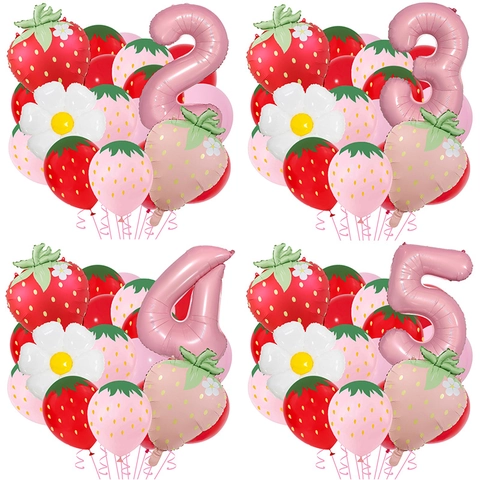 Palloncini In Alluminio E Lattice Fragola Margherita Rosa Forma Di Numero Decorazioni Per Feste Di Compleanno Tema Frutta