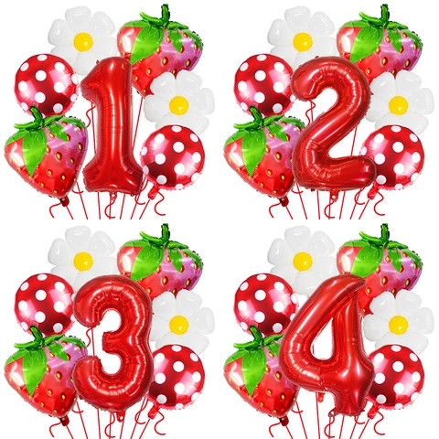 Gradient Rote Nummer Aluminiumfolie Erdbeere Gänseblümchen Polka Dot Ballons Mädchen Geburtstag Jubiläum Hawaii Thema Layout