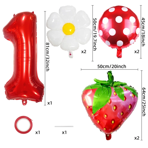 Gradient Rote Nummer Aluminiumfolie Erdbeere Gänseblümchen Polka Dot Ballons Mädchen Geburtstag Jubiläum Hawaii Thema Layout