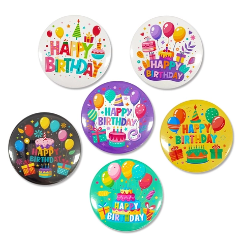 Happy Birthday Tinplate Pin Button Badges Cartoon Cake Balloon Birthday Party Decor Accessories Brooches For Kids Adults