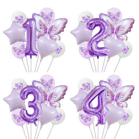 Purple Butterfly Birthday Balloon Set Metallic Aluminum Foil Number Heart Star Printing Latex Balloons For Kids Party Decoration