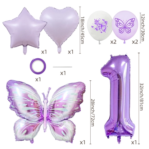 Purple Butterfly Birthday Balloon Set Metallic Aluminum Foil Number Heart Star Printing Latex Balloons For Kids Party Decoration