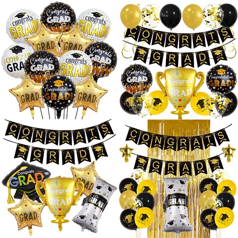 Congratulazioni Laurea Decorazione Festa Palloncino Nero Oro Trofeo Stella Palloncino Foil Banner Celebrazione Laurea