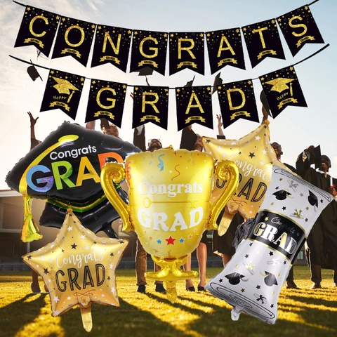 Congratulazioni Laurea Decorazione Festa Palloncino Nero Oro Trofeo Stella Palloncino Foil Banner Celebrazione Laurea
