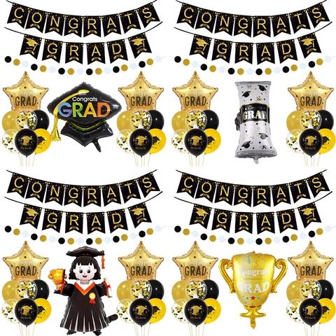 Abschlussfeier Party Dekoration Kit Mit Congrats Grad Banner Folienballons Latexballons Schwarz Gold Thema