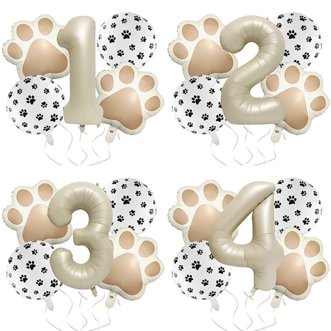 Paw Print Number Balloons Aluminum Foil Inflatable Decoration Birthday Party Pet Theme Celebration Cute Cream Color