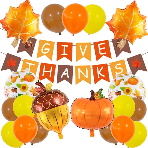 Decorazioni per Festa del Ringraziamento Striscione Give Thanks Tacchino Foglia di Acero Zucca Palloncini in Alluminio Tema Raccolto