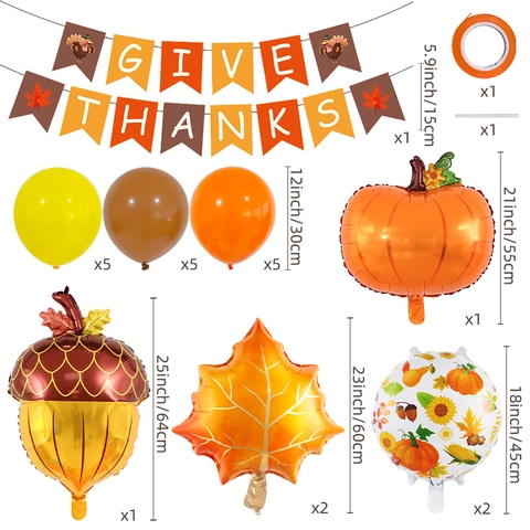 Decorazioni per Festa del Ringraziamento Striscione Give Thanks Tacchino Foglia di Acero Zucca Palloncini in Alluminio Tema Raccolto