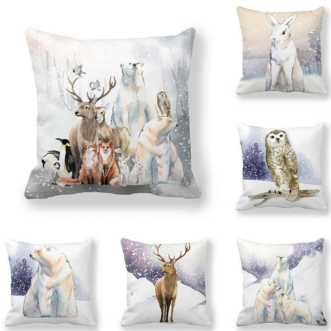 Taie d'Oreiller Décorative Animaux d'Hiver Aquarelle Ours Polaire Renne Hibou Polyester Peau de Pêche Décoration Maison