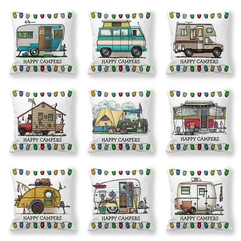 Funda de Almohada Decorativa de Autocaravana de Dibujos Animados Vintage Poliéster Piel de Melocotón Funda de Cojín para Sofá Hogar