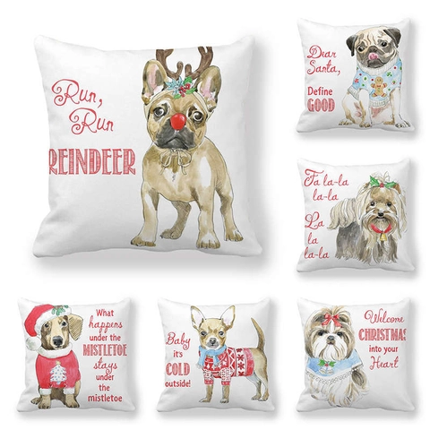 Aquarel Kerst Hond Kussenhoes Perzikhuid Fluweel Kussensloop Feestelijke Decoratie Voor Bank