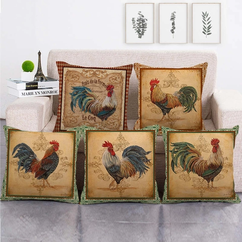 Vintage Farmhouse Rooster Linen Decorative Pillowcase Square Throw Pillow Cover For Home Living Room Bedding Rustic Decor