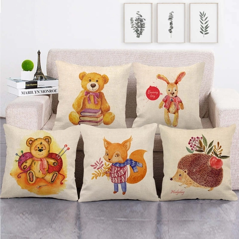 Fodera Per Cuscino Decorativo Cotone Lino Cartone Animato Animale Dipinto A Mano Acquerello Per Divano Casa