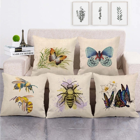 Decorative Throw Pillow Covers Linen Square Watercolor Butterfly Bee Insect Prints For Couch Sofa Bed Home Decor