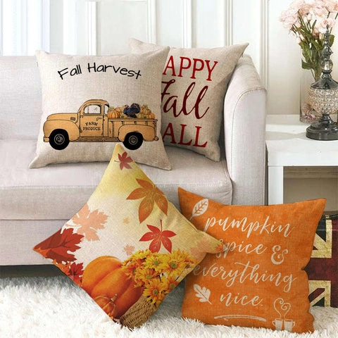 Fall Harvest Pumpkin Truck Linen Pillowcase Autumn Leaves Sunflower Throw Pillow Cover For Thanksgiving Home Decor