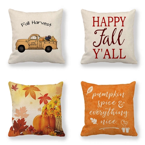 Fall Harvest Pumpkin Truck Linen Pillowcase Autumn Leaves Sunflower Throw Pillow Cover For Thanksgiving Home Decor
