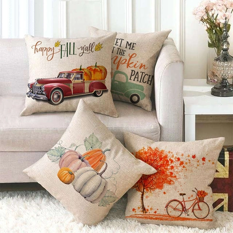 Autumn Pumpkin Linen Cushion Cover Vintage Truck Maple Leaf Decorative Pillowcase For Thanksgiving Halloween Sofa Decor