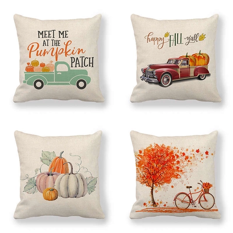 Autumn Pumpkin Linen Cushion Cover Vintage Truck Maple Leaf Decorative Pillowcase For Thanksgiving Halloween Sofa Decor
