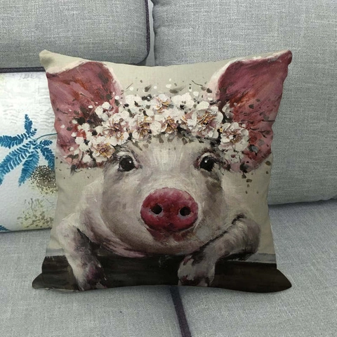 Vintage Leinen Kissenbezug Künstlerisches Schweinemuster Ölgemälde Stil Quadratischer Kissenbezug Für Sofa Deko Wohnzimmer