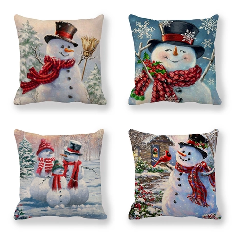 Kissenbezug Mit Weihnachtsschneemann Druck Leinenoptik Festlicher Feiertag Deko Kopfkissenhülle Sofa Heim