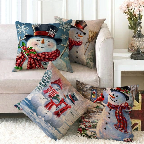 Kissenbezug Mit Weihnachtsschneemann Druck Leinenoptik Festlicher Feiertag Deko Kopfkissenhülle Sofa Heim