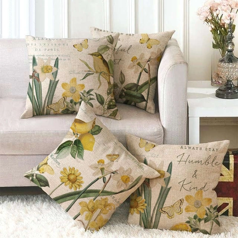 Vintage Botanical Linen Pillowcase Bird Butterfly Flower Printed Decorative Throw Pillow Cover For Sofa Home Decor Square