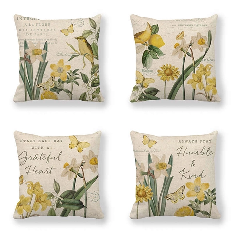 Vintage Botanical Linen Pillowcase Bird Butterfly Flower Printed Decorative Throw Pillow Cover For Sofa Home Decor Square