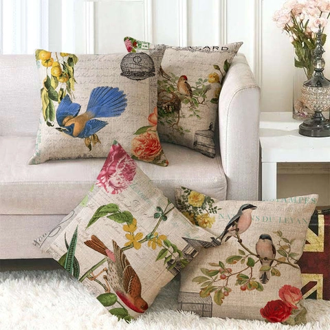 Vintage Linen Bird And Flower Throw Pillow Covers French Country Decorative Square Cushion Case For Sofa Home Decor Set