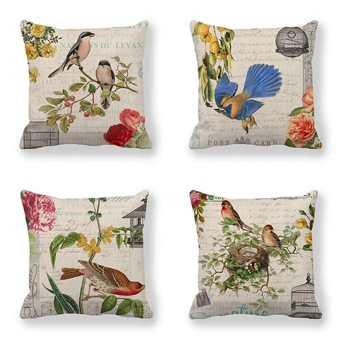 Vintage Linen Bird And Flower Throw Pillow Covers French Country Decorative Square Cushion Case For Sofa Home Decor Set