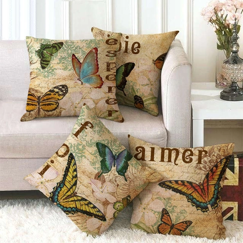 Vintage Linen Butterfly Letter Stamp Throw Pillow Cover Square Decorative Cushion Case For Sofa Home Living Room Bedroom