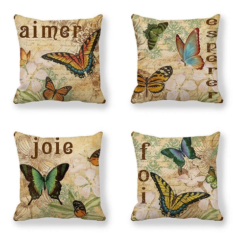 Vintage Linen Butterfly Letter Stamp Throw Pillow Cover Square Decorative Cushion Case For Sofa Home Living Room Bedroom