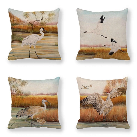 Funda de Cojín de Lino con Pintura al Óleo de Grulla de Estilo Chino Vintage Funda de Almohada Cuadrada para Sofá