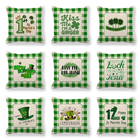 Fodera per Cuscino in Lino per San Patrizio Gingham Buffalo Plaid Trifoglio Irlandese Cappello Leprechaun Copricuscino Decorativo