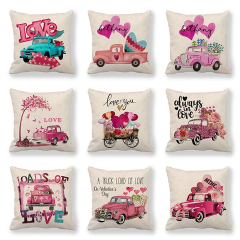 Throw Pillowcase Linen Valentine Day Heart Vintage Truck Decor Romantic Cushion Cover For Couch Bedroom Living Room