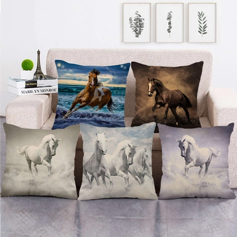 Künstlerisches Laufendes Pferd Muster Leinen Kissenbezug Quadratisch Dekorative Kissenhülle Für Sofa Wohnzimmer Heimdeko