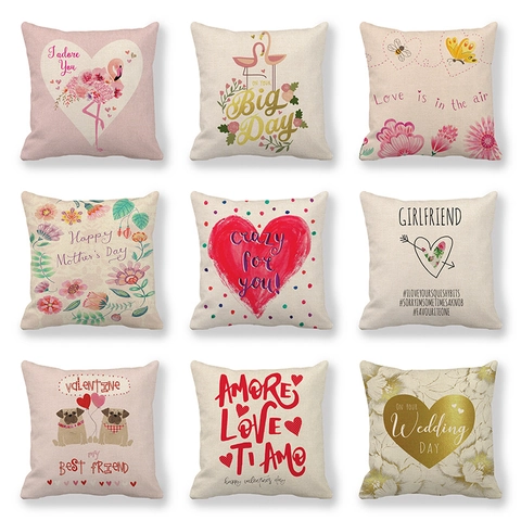 Funda de Almohada de Mezcla de Lino San Valentín Patrón Floral Corazón Funda de Cojín Decorativa para Boda Día de la Madre