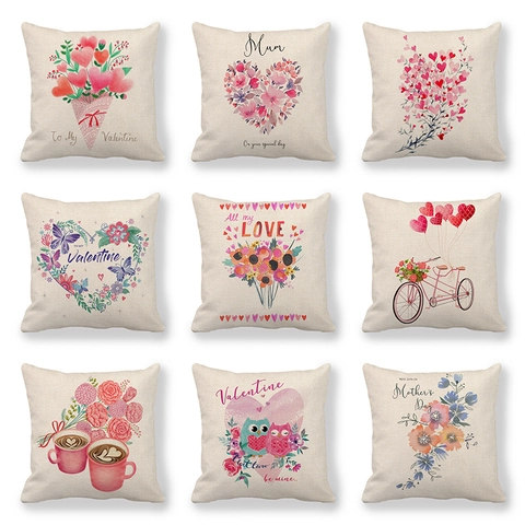 Romantische Linnen Kussenhoes Valentijnsdag Moederdag Hart Bloemenprint Decoratieve Kussenhoes Voor Sofa Thuis