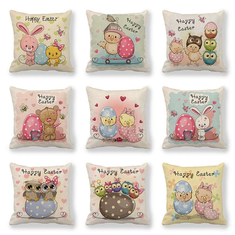 Funda De Cojín De Pascua Lino Estampado Conejo Pollito Búho Dibujos Animados Decorativa Para Sofá Hogar Decoración