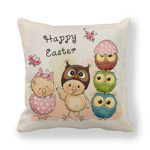 Funda De Cojín De Pascua Lino Estampado Conejo Pollito Búho Dibujos Animados Decorativa Para Sofá Hogar Decoración