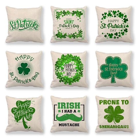 St Patrick's Day Linen Pillowcase Green Shamrock Leprechaun Pattern Square Cushion Cover For Home Sofa Decor Holiday Party Decoration