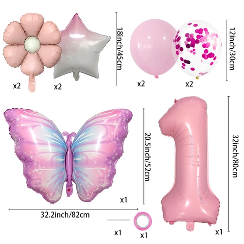 Butterfly Theme Birthday Party Balloons Pink Purple Gradient Aluminum Foil Number Balloon Daisy Star Latex Balloons For Kids Decoration