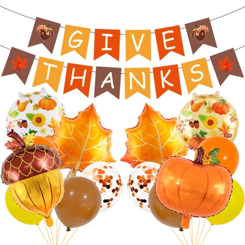 Thanksgiving Party Decoration Balloons Give Thanks Banner Maple Leaf Pumpkin Acorn Foil Balloons For Home Festival Celebration